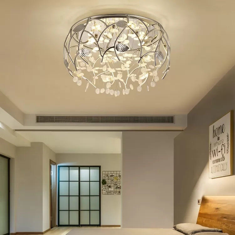 Romantic Chrome Flush Mount Light with Leaf & Crystal Bead Metal Ceiling Fixture for Bedroom Clearhalo 'Ceiling Lights' 'Close To Ceiling Lights' 'Close to ceiling' 'Flush mount' Lighting' 88062