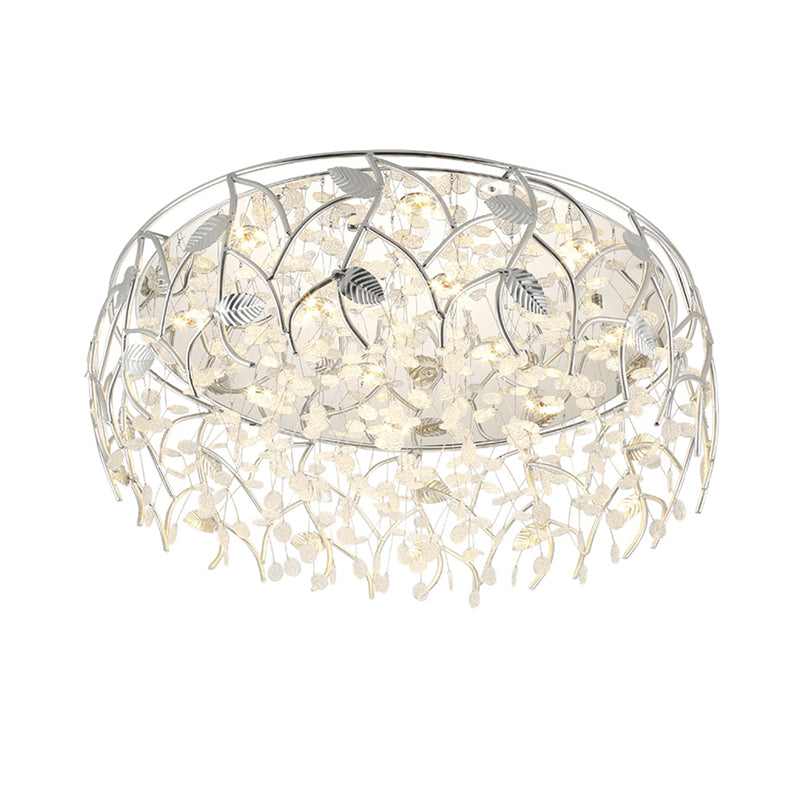 Romantic Chrome Flush Mount Light with Leaf & Crystal Bead Metal Ceiling Fixture for Bedroom White Clearhalo 'Ceiling Lights' 'Close To Ceiling Lights' 'Close to ceiling' 'Flush mount' Lighting' 88065