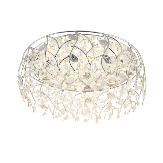 Romantic Chrome Flush Mount Light with Leaf & Crystal Bead Metal Ceiling Fixture for Bedroom White Clearhalo 'Ceiling Lights' 'Close To Ceiling Lights' 'Close to ceiling' 'Flush mount' Lighting' 88065