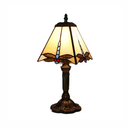 Dragonfly Table Lamp with Stained Glass Tapered Shade 1 Light Rustic Table Lighting Beige Clearhalo 'Lamps' 'Table Lamps' Lighting' 88179