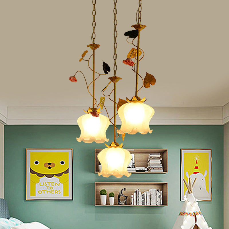 Green 3 Lights Down Lighting Pastoral Frosted Glass Cluster Flower Pendant with Lettuce Edge and Round/Linear Canopy Clearhalo 'Ceiling Lights' 'Chandeliers' 'Close To Ceiling Lights' 'Glass shade' 'Glass' 'Pendant Lights' 'Pendants' Lighting' 882071