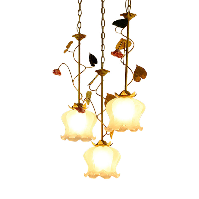 Green 3 Lights Down Lighting Pastoral Frosted Glass Cluster Flower Pendant with Lettuce Edge and Round/Linear Canopy Clearhalo 'Ceiling Lights' 'Chandeliers' 'Close To Ceiling Lights' 'Glass shade' 'Glass' 'Pendant Lights' 'Pendants' Lighting' 882072