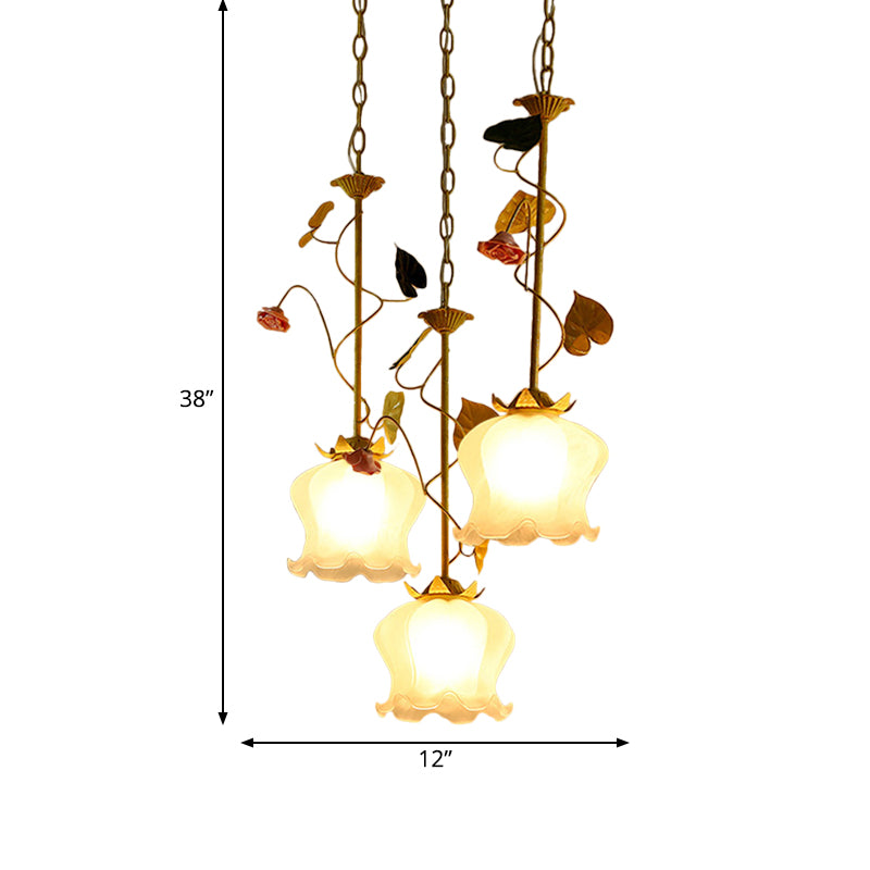 Green 3 Lights Down Lighting Pastoral Frosted Glass Cluster Flower Pendant with Lettuce Edge and Round/Linear Canopy Clearhalo 'Ceiling Lights' 'Chandeliers' 'Close To Ceiling Lights' 'Glass shade' 'Glass' 'Pendant Lights' 'Pendants' Lighting' 882073