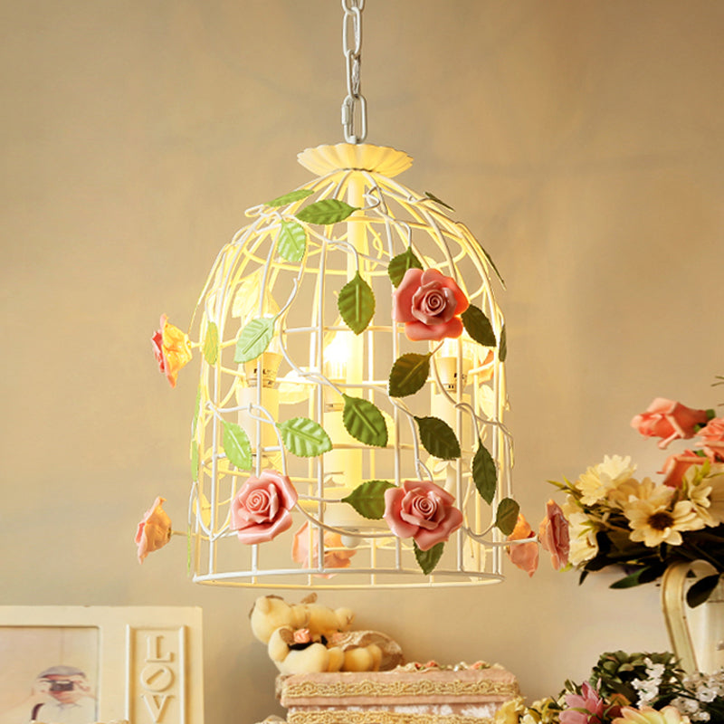 Pink Rose Vine and Birdcage Chandelier Korean Flower Iron 3 Bulbs Dining Table Suspension Lighting Clearhalo 'Ceiling Lights' 'Chandeliers' Lighting' options 882074