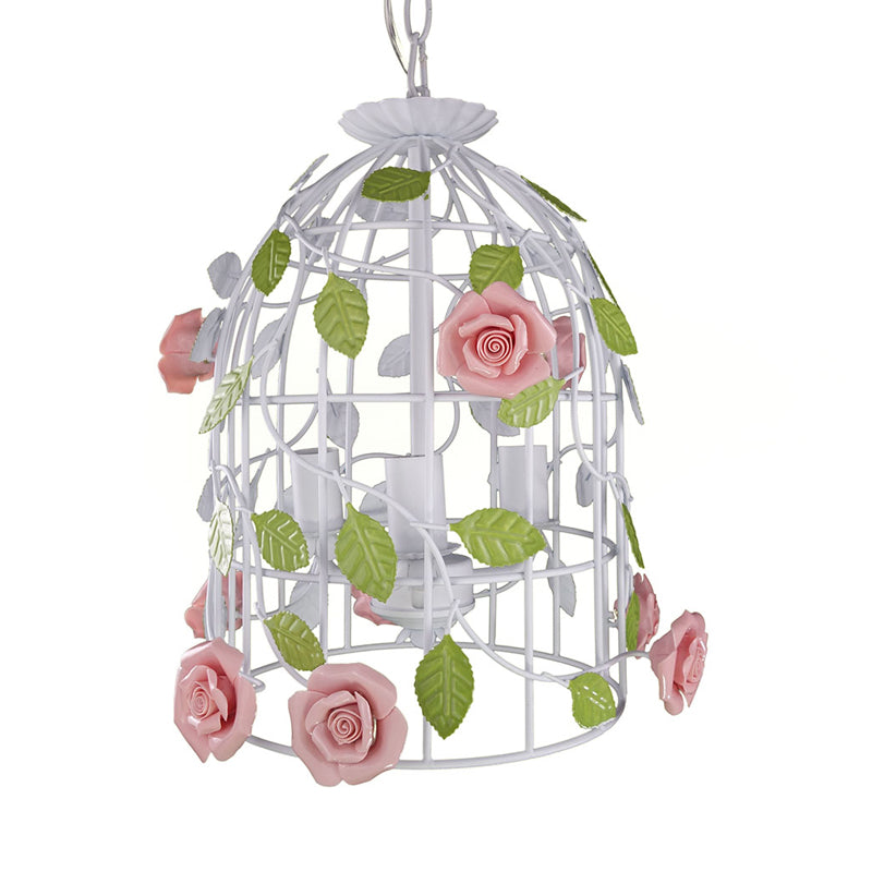 Pink Rose Vine and Birdcage Chandelier Korean Flower Iron 3 Bulbs Dining Table Suspension Lighting Clearhalo 'Ceiling Lights' 'Chandeliers' Lighting' options 882075