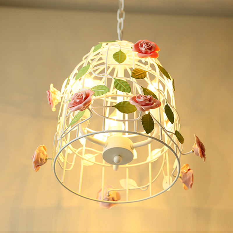 Pink Rose Vine and Birdcage Chandelier Korean Flower Iron 3 Bulbs Dining Table Suspension Lighting Clearhalo 'Ceiling Lights' 'Chandeliers' Lighting' options 882076