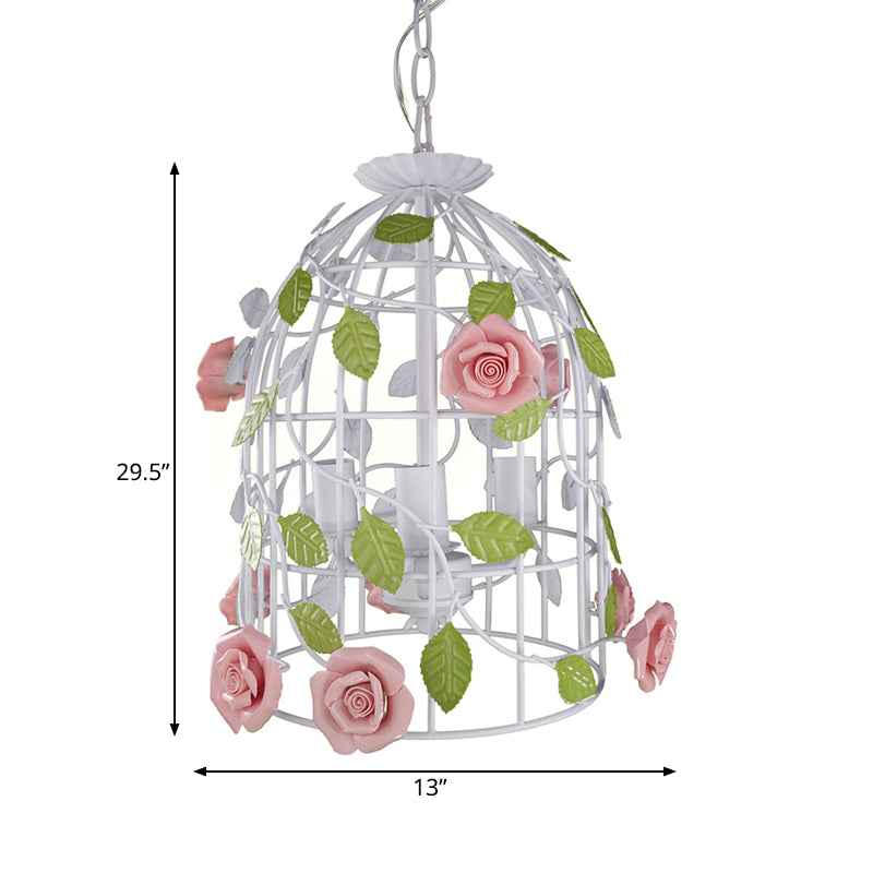 Pink Rose Vine and Birdcage Chandelier Korean Flower Iron 3 Bulbs Dining Table Suspension Lighting Clearhalo 'Ceiling Lights' 'Chandeliers' Lighting' options 882077