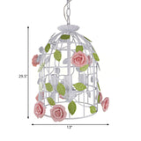 Pink Rose Vine and Birdcage Chandelier Korean Flower Iron 3 Bulbs Dining Table Suspension Lighting Clearhalo 'Ceiling Lights' 'Chandeliers' Lighting' options 882077