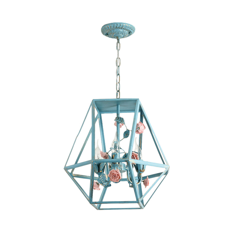 Metal Blue-Pink/White-Pink Pendulum Light Wire Cage 3-Head Countryside Chandelier with Handmade Rose Decor Clearhalo 'Ceiling Lights' 'Chandeliers' Lighting' options 882080