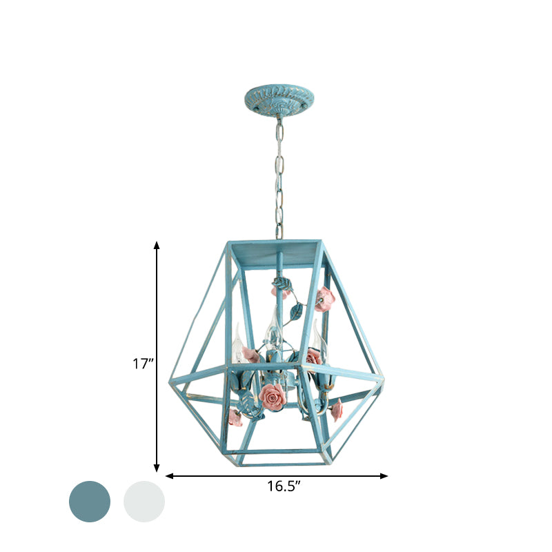 Metal Blue-Pink/White-Pink Pendulum Light Wire Cage 3-Head Countryside Chandelier with Handmade Rose Decor Clearhalo 'Ceiling Lights' 'Chandeliers' Lighting' options 882081