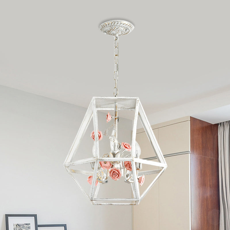 Metal Blue-Pink/White-Pink Pendulum Light Wire Cage 3-Head Countryside Chandelier with Handmade Rose Decor Clearhalo 'Ceiling Lights' 'Chandeliers' Lighting' options 882082