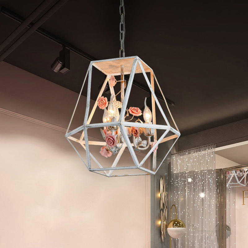 Metal Blue-Pink/White-Pink Pendulum Light Wire Cage 3-Head Countryside Chandelier with Handmade Rose Decor Clearhalo 'Ceiling Lights' 'Chandeliers' Lighting' options 882083