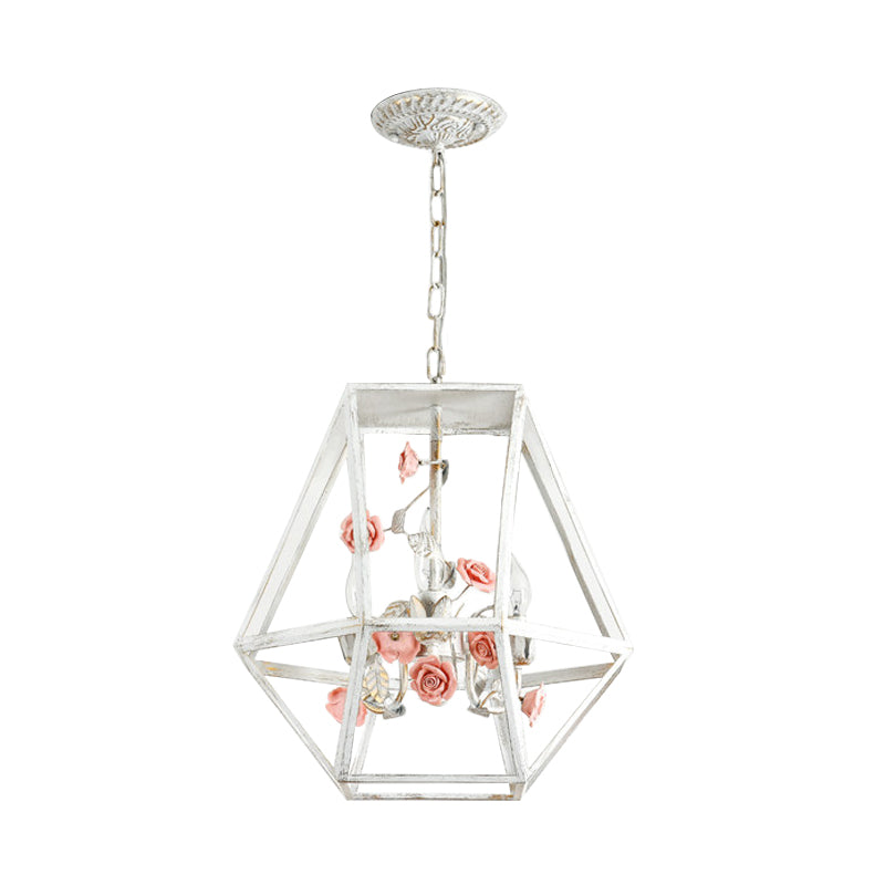 Metal Blue-Pink/White-Pink Pendulum Light Wire Cage 3-Head Countryside Chandelier with Handmade Rose Decor Clearhalo 'Ceiling Lights' 'Chandeliers' Lighting' options 882084