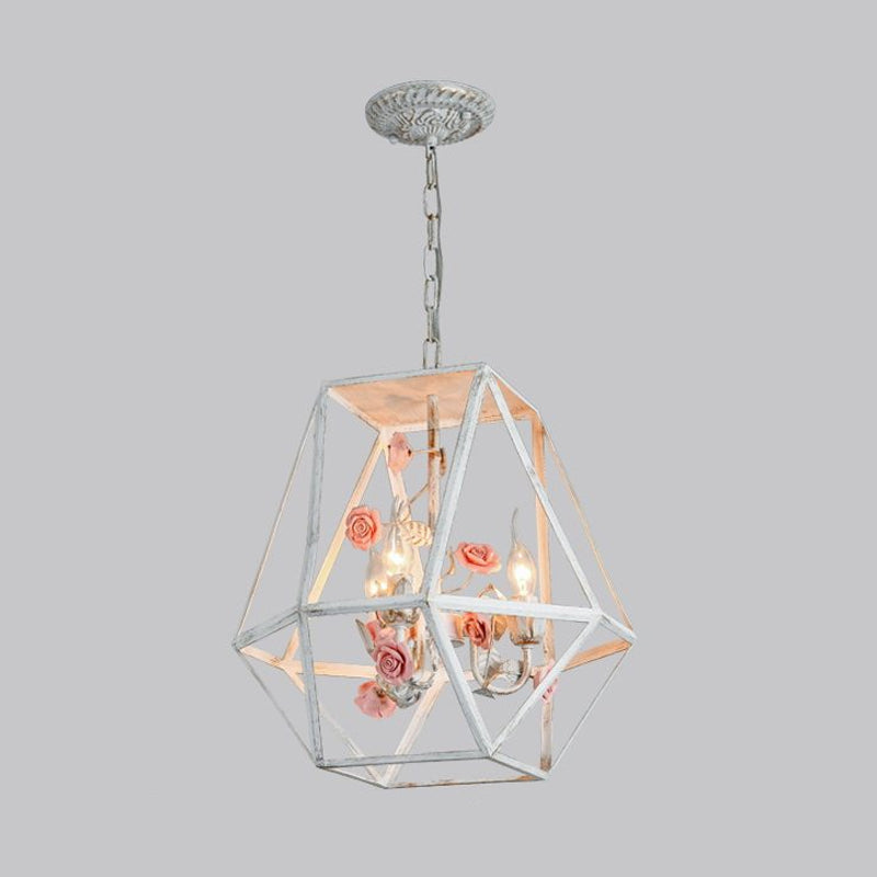 Metal Blue-Pink/White-Pink Pendulum Light Wire Cage 3-Head Countryside Chandelier with Handmade Rose Decor Clearhalo 'Ceiling Lights' 'Chandeliers' Lighting' options 882085