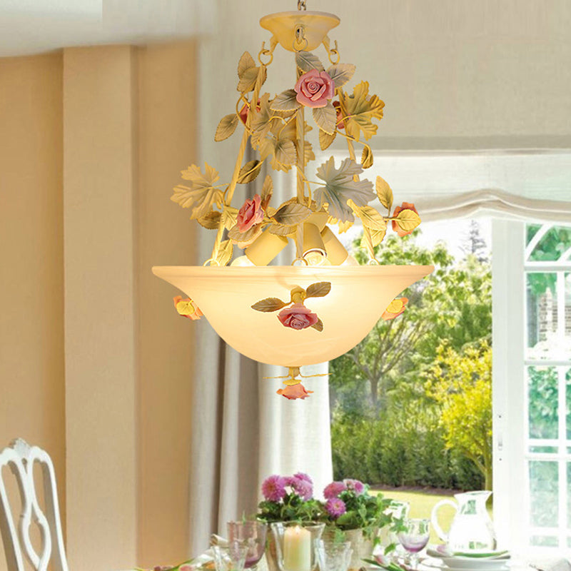 3-Light Inverted Hat Shade Chandelier American Flower Green Opaline Glass Ceiling Pendant Lamp Clearhalo 'Ceiling Lights' 'Chandeliers' 'Close To Ceiling Lights' 'Glass shade' 'Glass' Lighting' 882087