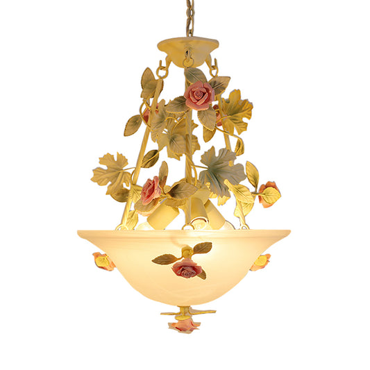 3-Light Inverted Hat Shade Chandelier American Flower Green Opaline Glass Ceiling Pendant Lamp Clearhalo 'Ceiling Lights' 'Chandeliers' 'Close To Ceiling Lights' 'Glass shade' 'Glass' Lighting' 882088