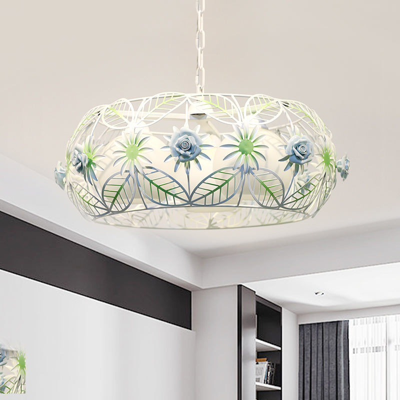 Pastoral Style Foliage Drum Chandelier 3 Lights Iron Hanging Lamp Kit in Blue with Globe Opal Glass Shade Inside Clearhalo 'Ceiling Lights' 'Chandeliers' Lighting' options 882090