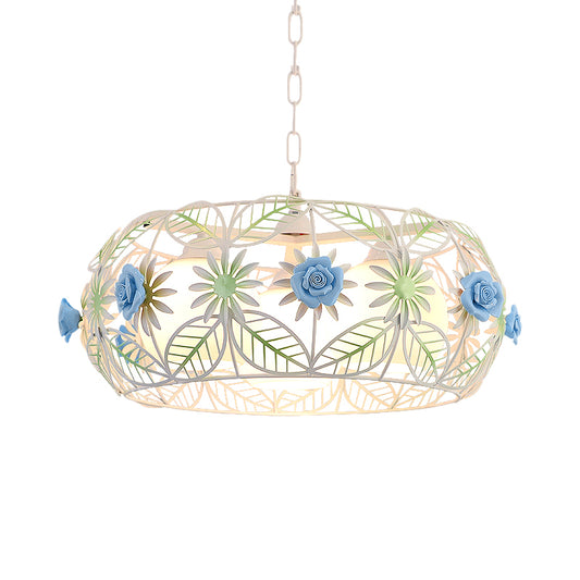 Pastoral Style Foliage Drum Chandelier 3 Lights Iron Hanging Lamp Kit in Blue with Globe Opal Glass Shade Inside Clearhalo 'Ceiling Lights' 'Chandeliers' Lighting' options 882091