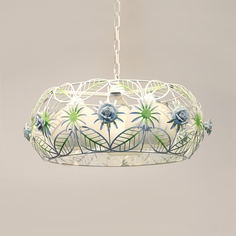 Pastoral Style Foliage Drum Chandelier 3 Lights Iron Hanging Lamp Kit in Blue with Globe Opal Glass Shade Inside Clearhalo 'Ceiling Lights' 'Chandeliers' Lighting' options 882092