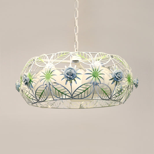 Pastoral Style Foliage Drum Chandelier 3 Lights Iron Hanging Lamp Kit in Blue with Globe Opal Glass Shade Inside Clearhalo 'Ceiling Lights' 'Chandeliers' Lighting' options 882092