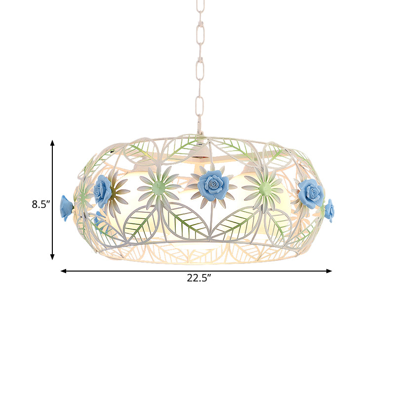 Pastoral Style Foliage Drum Chandelier 3 Lights Iron Hanging Lamp Kit in Blue with Globe Opal Glass Shade Inside Clearhalo 'Ceiling Lights' 'Chandeliers' Lighting' options 882093