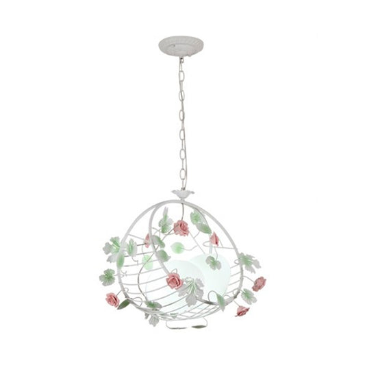 Swing Shaped Iron Hanging Lamp Korean Flower 2 Bulbs Dining Table Chandelier in Pink with Ball Glass Shade Clearhalo 'Ceiling Lights' 'Chandeliers' Lighting' options 882095