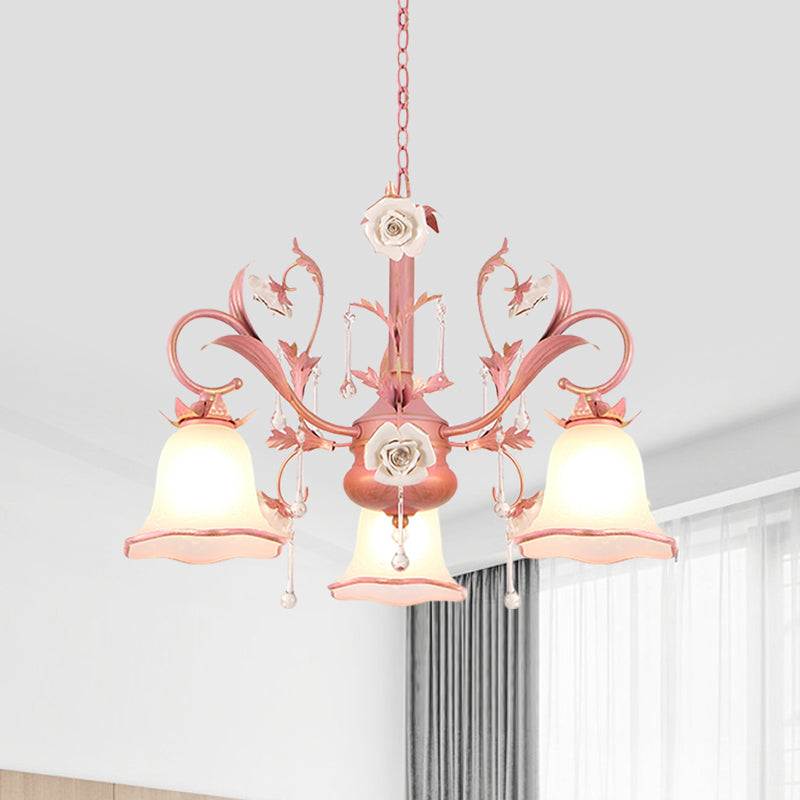 Carillon Milky Glass Hanging Pendant Pastoral 3/5 Lights Bedroom Chandelier Lighting with Pink Scroll Top Clearhalo 'Ceiling Lights' 'Chandeliers' Lighting' options 882098