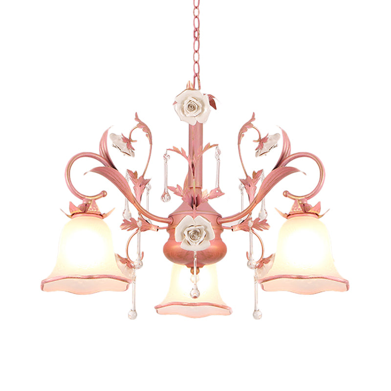 Carillon Milky Glass Hanging Pendant Pastoral 3/5 Lights Bedroom Chandelier Lighting with Pink Scroll Top Clearhalo 'Ceiling Lights' 'Chandeliers' Lighting' options 882100