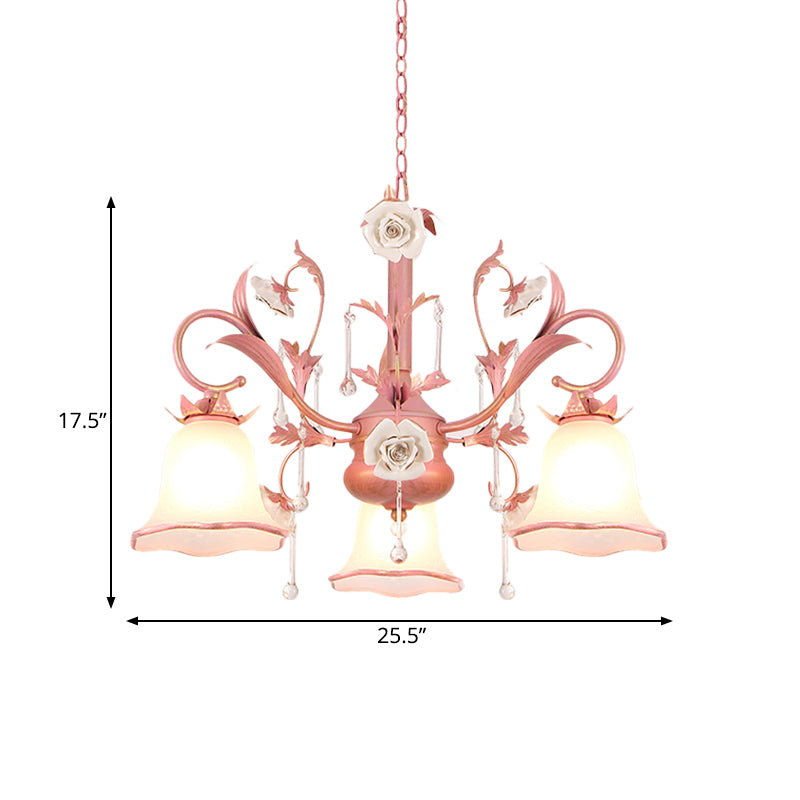 Carillon Milky Glass Hanging Pendant Pastoral 3/5 Lights Bedroom Chandelier Lighting with Pink Scroll Top Clearhalo 'Ceiling Lights' 'Chandeliers' Lighting' options 882101