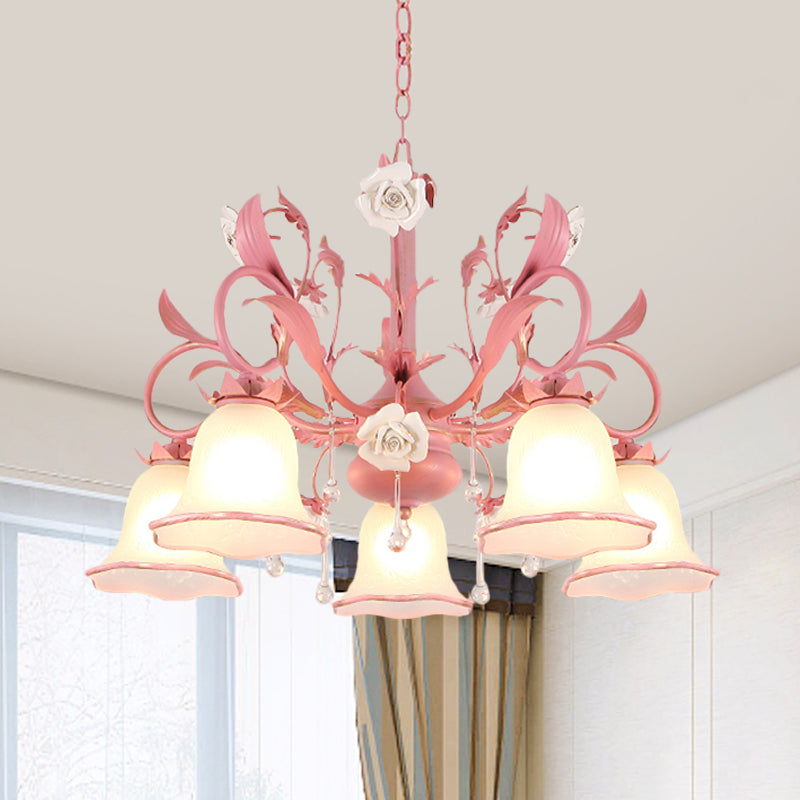 Carillon Milky Glass Hanging Pendant Pastoral 3/5 Lights Bedroom Chandelier Lighting with Pink Scroll Top Clearhalo 'Ceiling Lights' 'Chandeliers' Lighting' options 882102