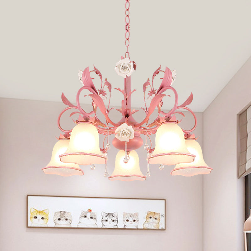 Carillon Milky Glass Hanging Pendant Pastoral 3/5 Lights Bedroom Chandelier Lighting with Pink Scroll Top Clearhalo 'Ceiling Lights' 'Chandeliers' Lighting' options 882103