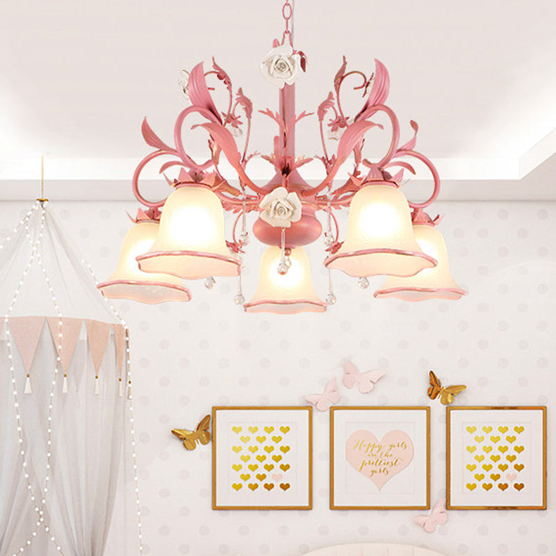 Carillon Milky Glass Hanging Pendant Pastoral 3/5 Lights Bedroom Chandelier Lighting with Pink Scroll Top Clearhalo 'Ceiling Lights' 'Chandeliers' Lighting' options 882104