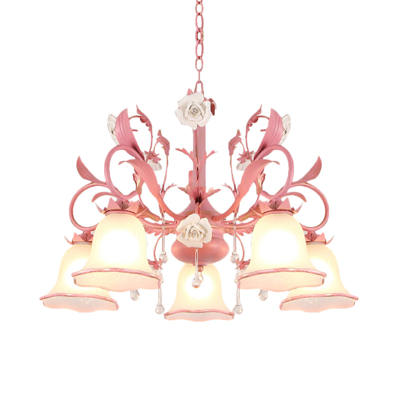 Carillon Milky Glass Hanging Pendant Pastoral 3/5 Lights Bedroom Chandelier Lighting with Pink Scroll Top Clearhalo 'Ceiling Lights' 'Chandeliers' Lighting' options 882105