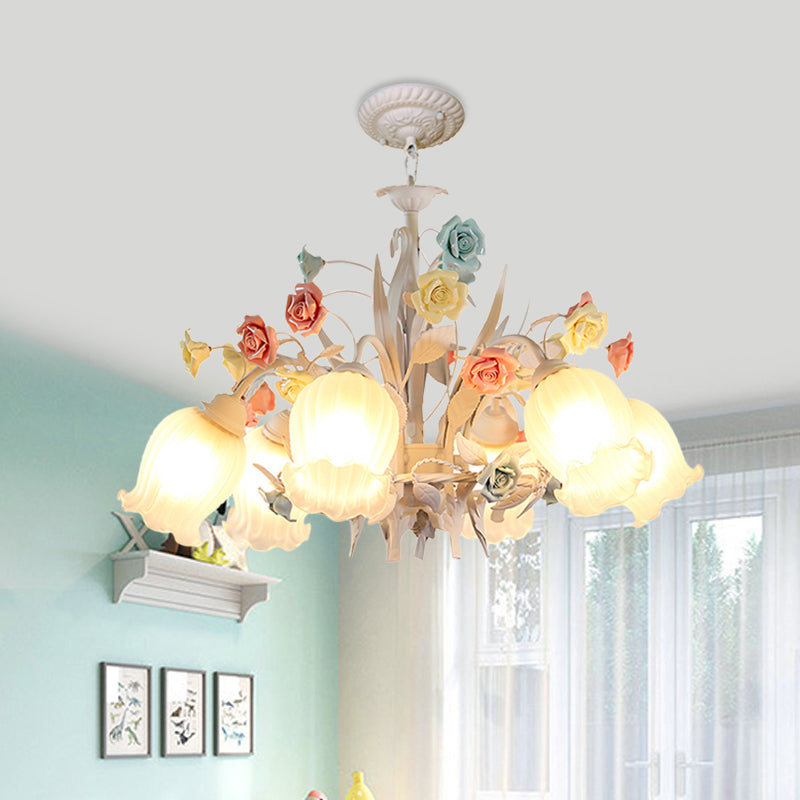 Ribbed Glass White Chandelier Semi-Open Flower 3/6 Bulbs Korean Garden Hanging Ceiling Light Clearhalo 'Ceiling Lights' 'Chandeliers' Lighting' options 882107