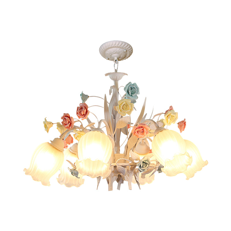 Ribbed Glass White Chandelier Semi-Open Flower 3/6 Bulbs Korean Garden Hanging Ceiling Light Clearhalo 'Ceiling Lights' 'Chandeliers' Lighting' options 882109