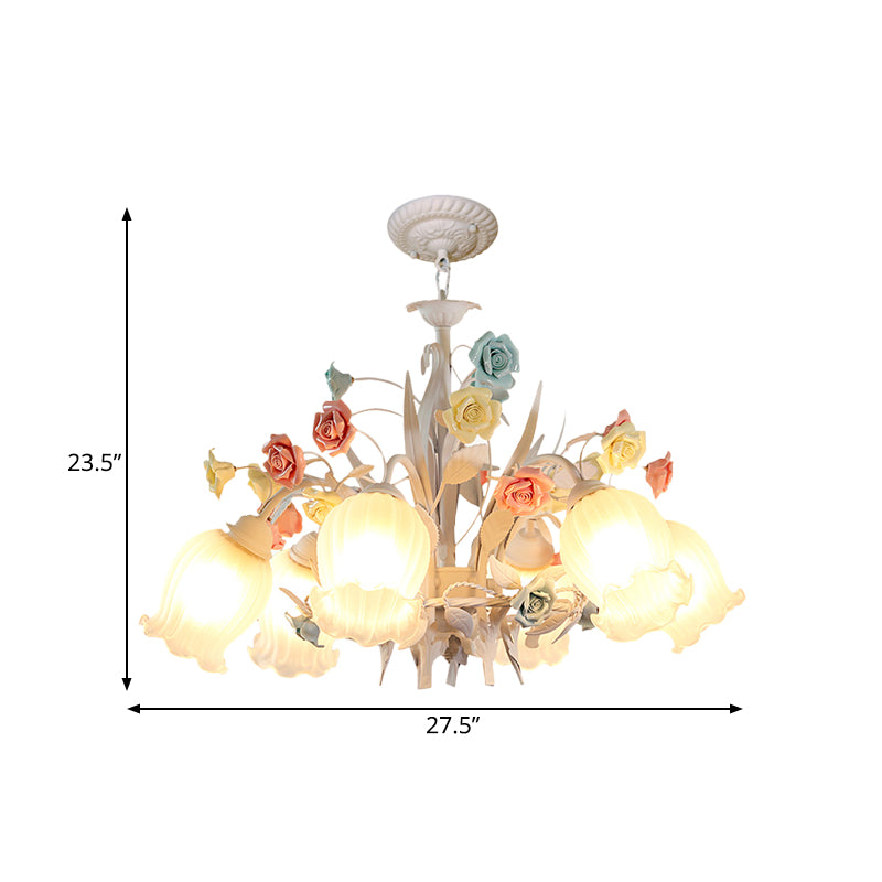 Ribbed Glass White Chandelier Semi-Open Flower 3/6 Bulbs Korean Garden Hanging Ceiling Light Clearhalo 'Ceiling Lights' 'Chandeliers' Lighting' options 882110