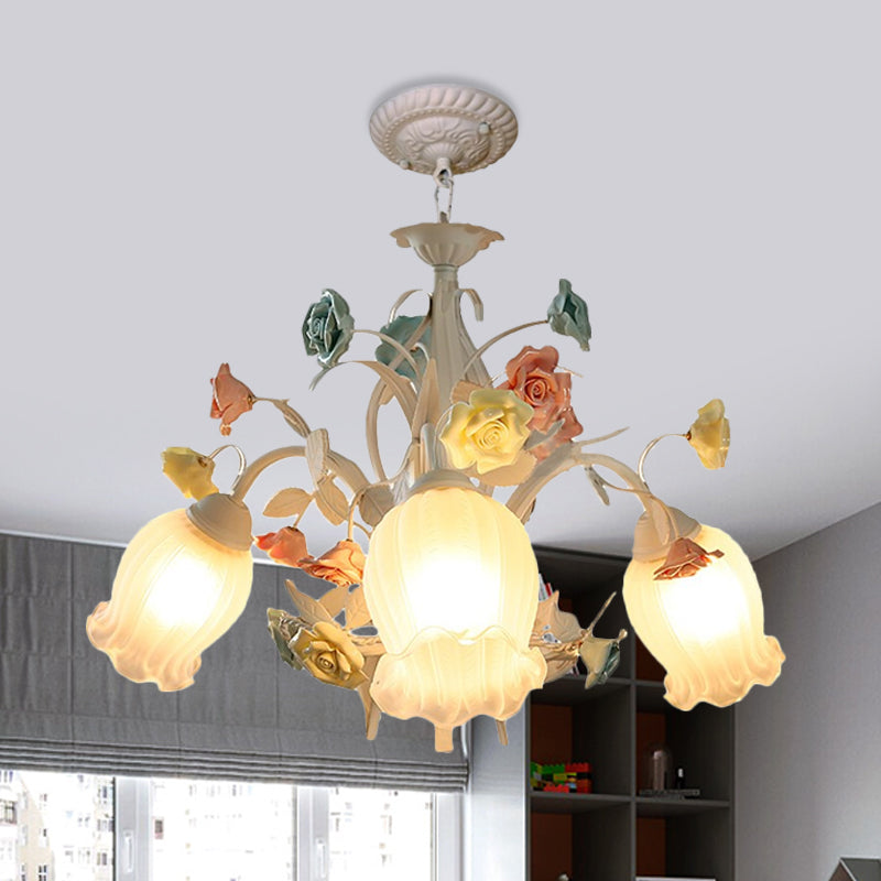 Ribbed Glass White Chandelier Semi-Open Flower 3/6 Bulbs Korean Garden Hanging Ceiling Light Clearhalo 'Ceiling Lights' 'Chandeliers' Lighting' options 882111