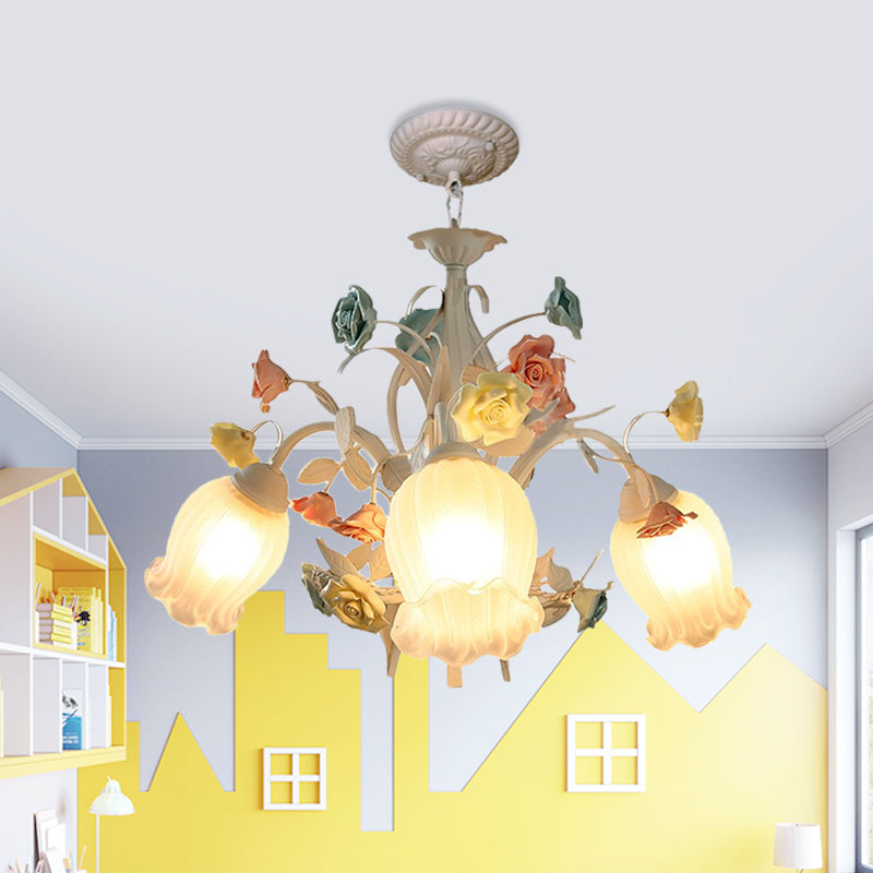 Ribbed Glass White Chandelier Semi-Open Flower 3/6 Bulbs Korean Garden Hanging Ceiling Light Clearhalo 'Ceiling Lights' 'Chandeliers' Lighting' options 882112