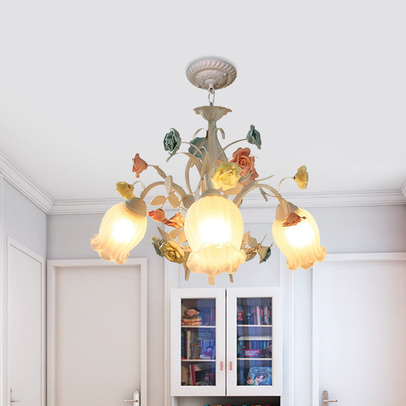 Ribbed Glass White Chandelier Semi-Open Flower 3/6 Bulbs Korean Garden Hanging Ceiling Light Clearhalo 'Ceiling Lights' 'Chandeliers' Lighting' options 882113