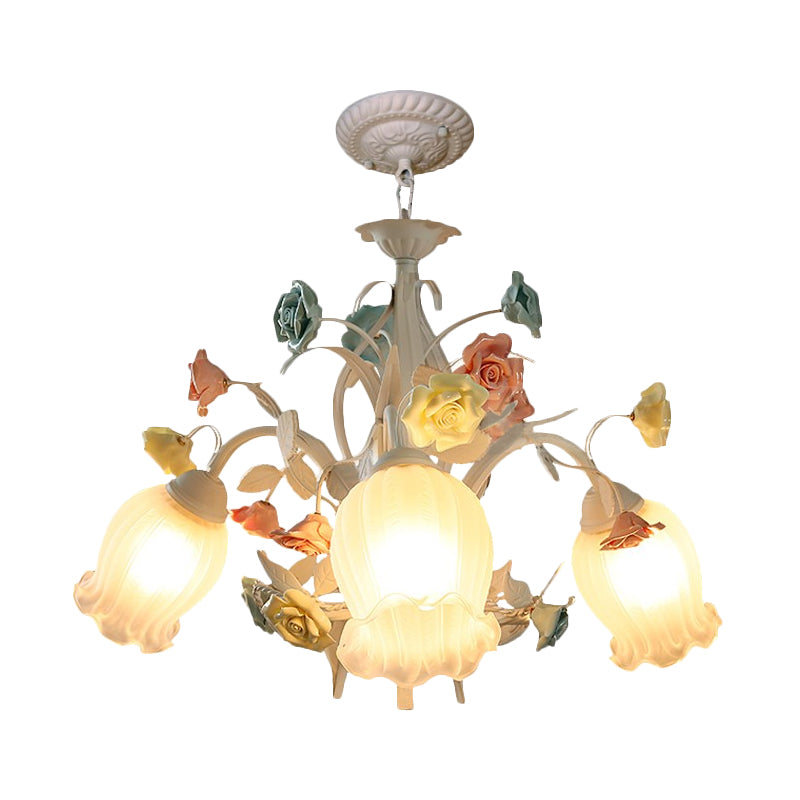 Ribbed Glass White Chandelier Semi-Open Flower 3/6 Bulbs Korean Garden Hanging Ceiling Light Clearhalo 'Ceiling Lights' 'Chandeliers' Lighting' options 882114