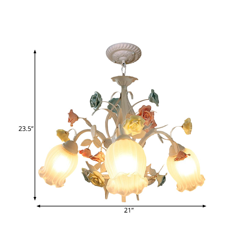 Ribbed Glass White Chandelier Semi-Open Flower 3/6 Bulbs Korean Garden Hanging Ceiling Light Clearhalo 'Ceiling Lights' 'Chandeliers' Lighting' options 882115