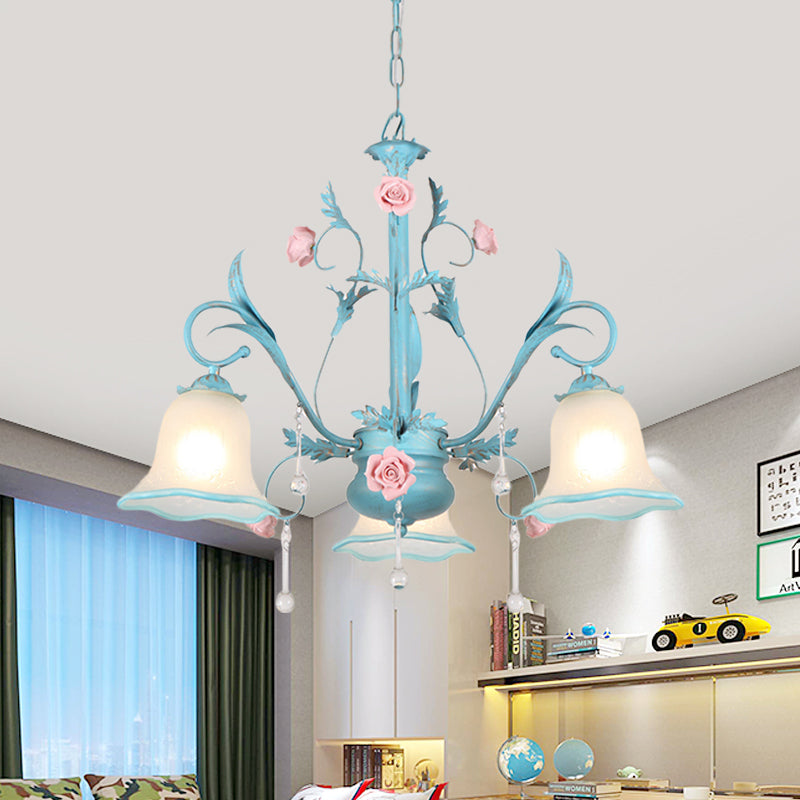 3/5/8-Head Chandelier Light Pastoral Kitchen Pendant Lamp with Scallop-Trim White Glass Shade in Blue Clearhalo 'Ceiling Lights' 'Chandeliers' Lighting' options 882116