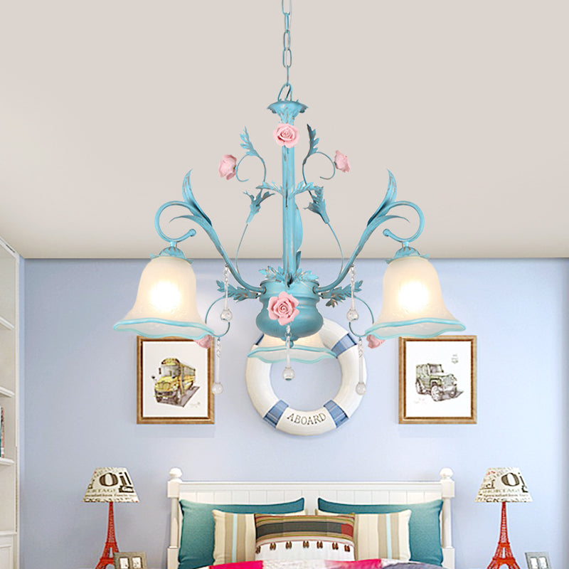 3/5/8-Head Chandelier Light Pastoral Kitchen Pendant Lamp with Scallop-Trim White Glass Shade in Blue Clearhalo 'Ceiling Lights' 'Chandeliers' Lighting' options 882117