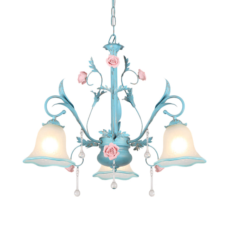 3/5/8-Head Chandelier Light Pastoral Kitchen Pendant Lamp with Scallop-Trim White Glass Shade in Blue Clearhalo 'Ceiling Lights' 'Chandeliers' Lighting' options 882118