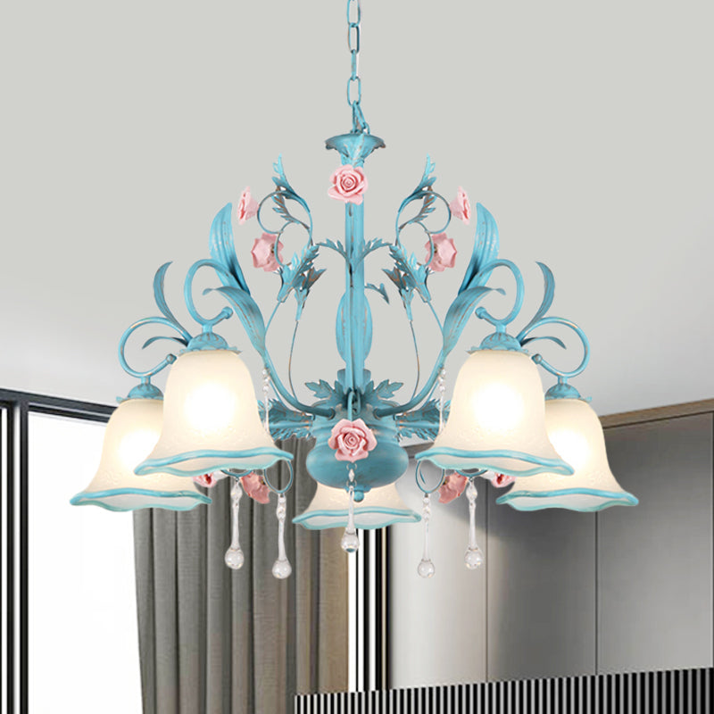 3/5/8-Head Chandelier Light Pastoral Kitchen Pendant Lamp with Scallop-Trim White Glass Shade in Blue Clearhalo 'Ceiling Lights' 'Chandeliers' Lighting' options 882120