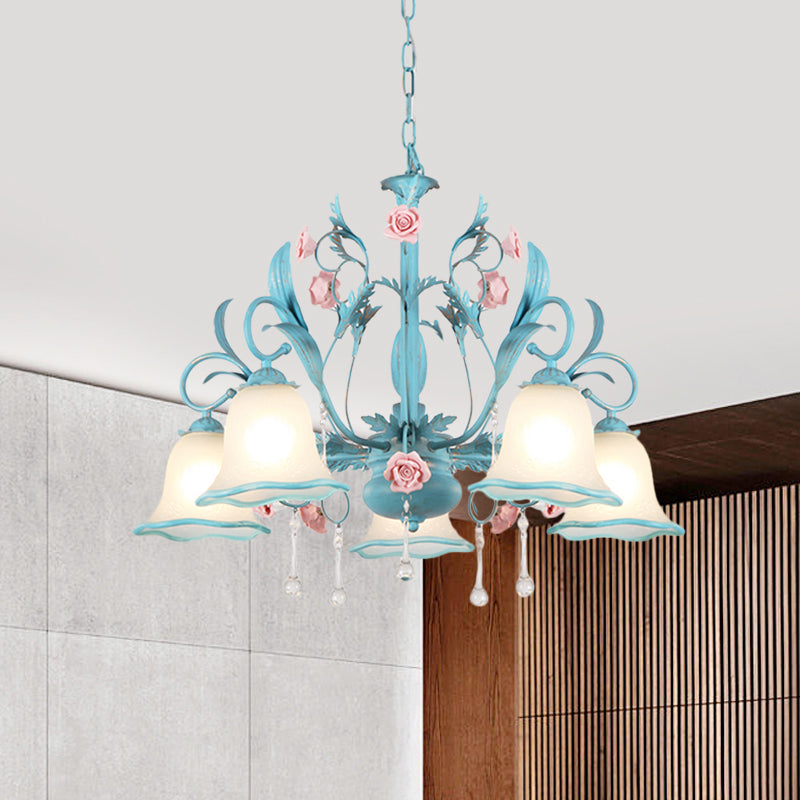 3/5/8-Head Chandelier Light Pastoral Kitchen Pendant Lamp with Scallop-Trim White Glass Shade in Blue Clearhalo 'Ceiling Lights' 'Chandeliers' Lighting' options 882121