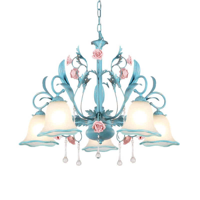 3/5/8-Head Chandelier Light Pastoral Kitchen Pendant Lamp with Scallop-Trim White Glass Shade in Blue Clearhalo 'Ceiling Lights' 'Chandeliers' Lighting' options 882123