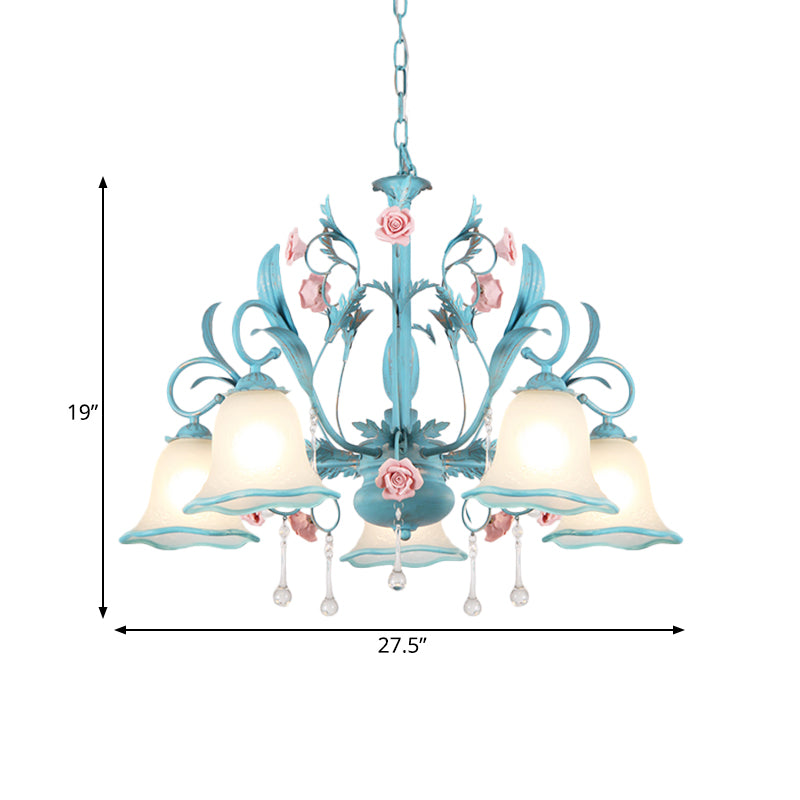 3/5/8-Head Chandelier Light Pastoral Kitchen Pendant Lamp with Scallop-Trim White Glass Shade in Blue Clearhalo 'Ceiling Lights' 'Chandeliers' Lighting' options 882124