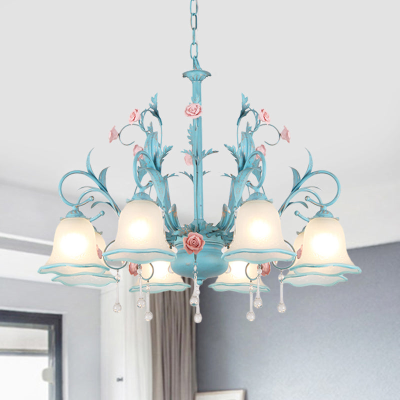 3/5/8-Head Chandelier Light Pastoral Kitchen Pendant Lamp with Scallop-Trim White Glass Shade in Blue Clearhalo 'Ceiling Lights' 'Chandeliers' Lighting' options 882125