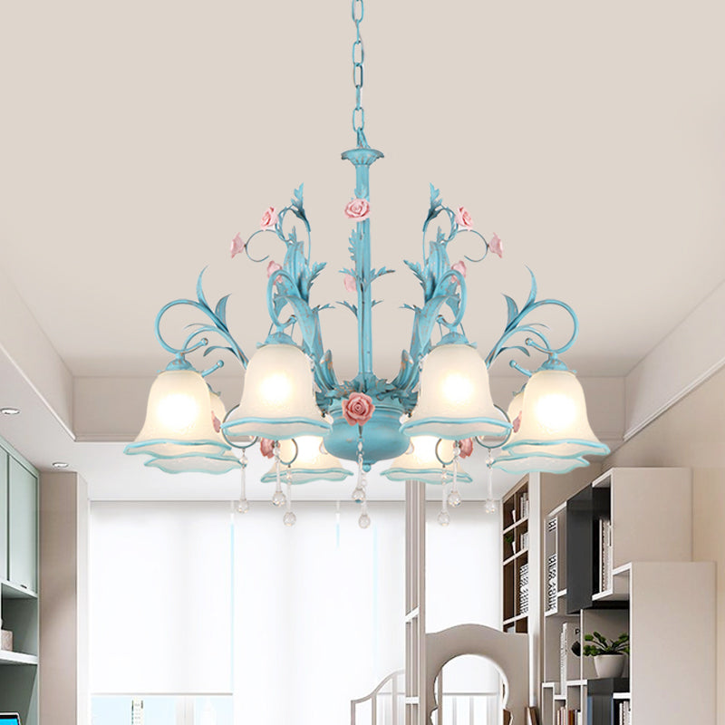 3/5/8-Head Chandelier Light Pastoral Kitchen Pendant Lamp with Scallop-Trim White Glass Shade in Blue Clearhalo 'Ceiling Lights' 'Chandeliers' Lighting' options 882127